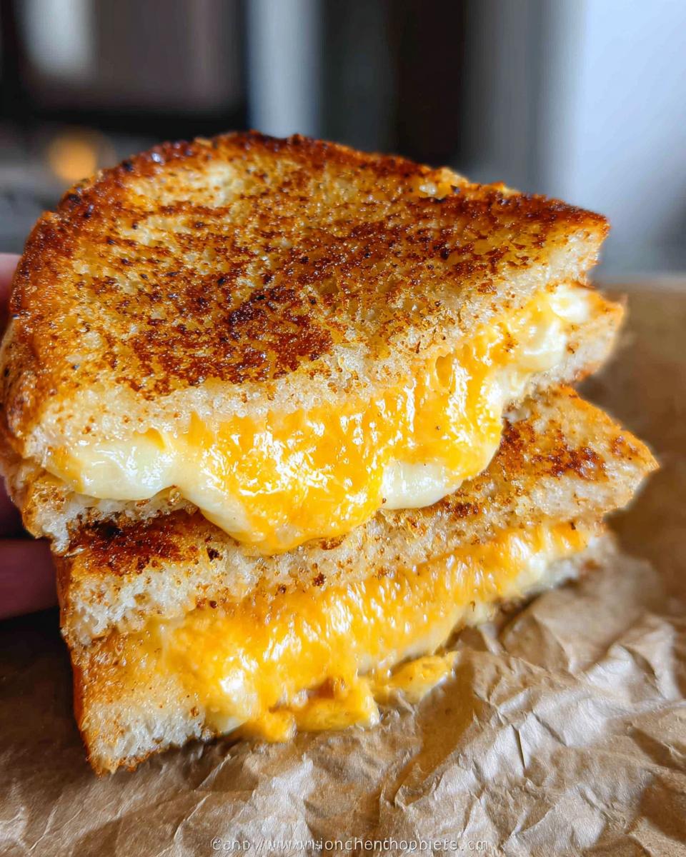 A close-up of a perfectly grilled cheese sandwich, cut in half, with melted cheese oozing out.