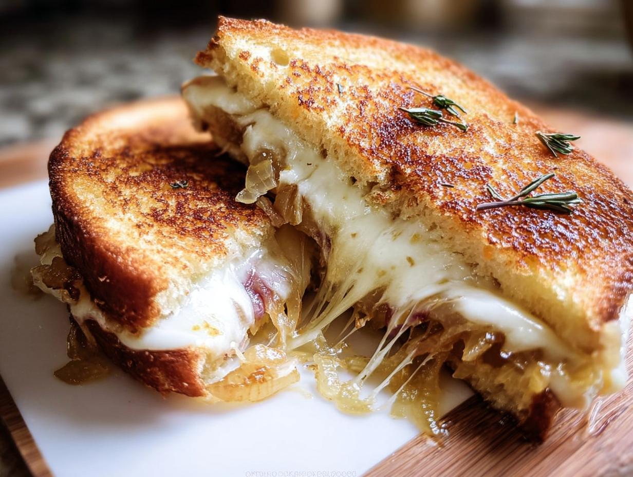 A close-up of a perfectly grilled cheese sandwich, oozing with melted cheese and caramelized onions.