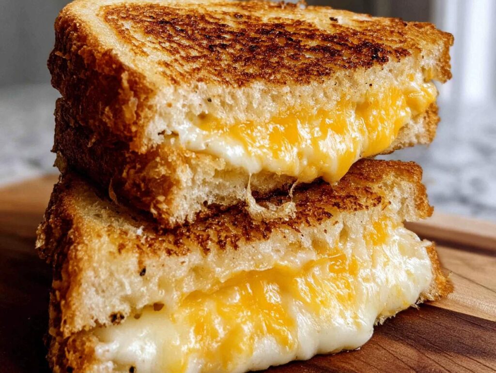 A stack of two golden-brown grilled cheese sandwiches, oozing with melted cheese.