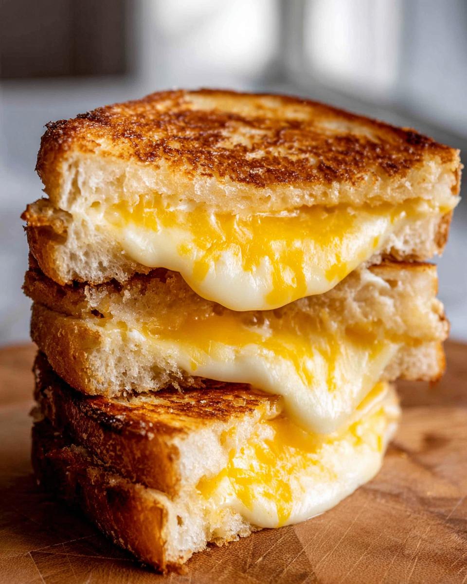 A stack of two golden-brown grilled cheese sandwiches, with melted cheese oozing out.