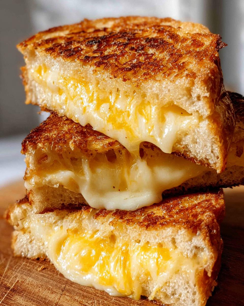 Close-up of stacked grilled cheese sandwiches with gooey melted cheese oozing out.