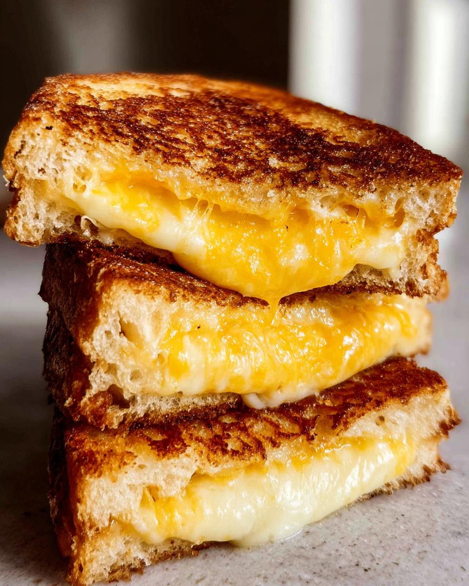 A stack of three golden-brown grilled cheese sandwiches with melted cheese oozing out.