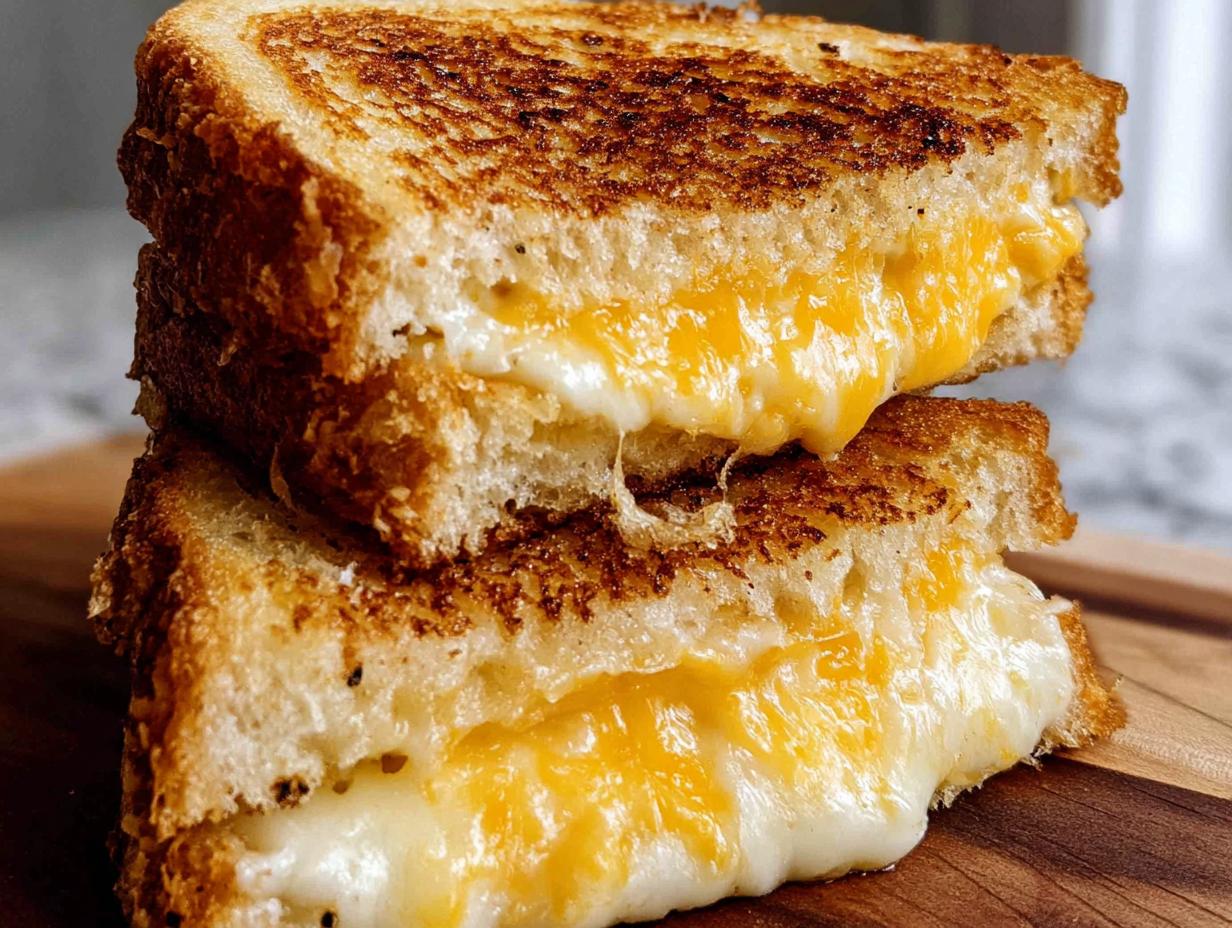A stack of two golden-brown grilled cheese sandwiches, oozing with melted cheese.