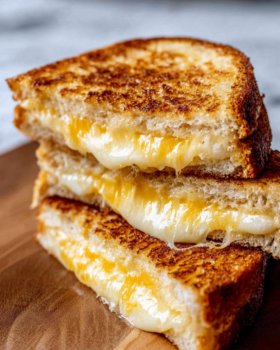 Close-up of a stack of three perfectly grilled cheese sandwiches with melted, gooey cheese oozing out.