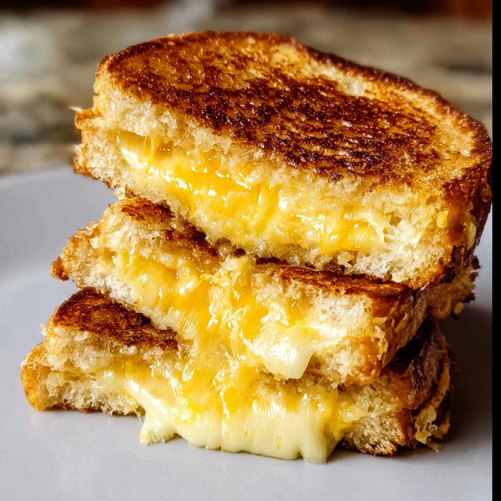 A stack of perfectly grilled cheese sandwiches with golden-brown bread and oozing melted cheese.