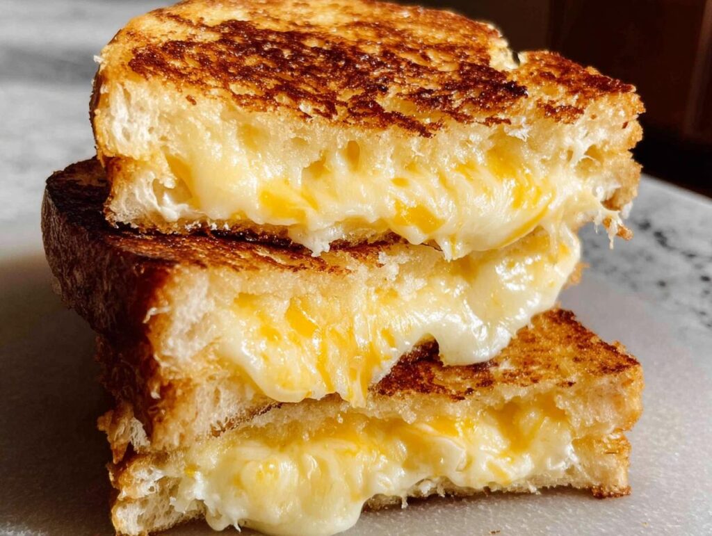 Stack of three gooey, cheesy grilled cheese sandwiches, a perfect example of The Only Grilled Cheese Recipes Recipe You’ll Need.