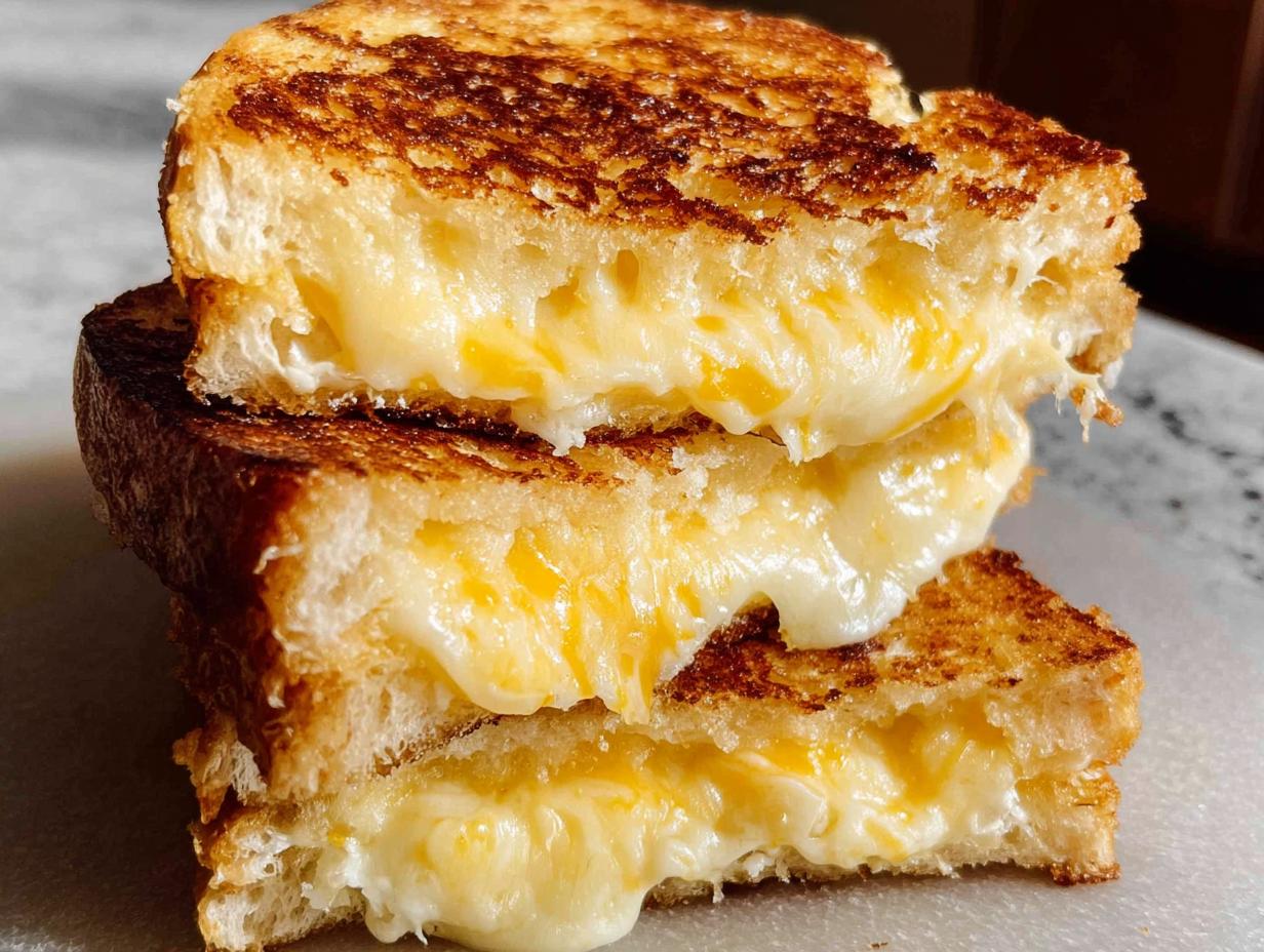 Stack of three gooey, cheesy grilled cheese sandwiches, a perfect example of The Only Grilled Cheese Recipes Recipe You’ll Need.