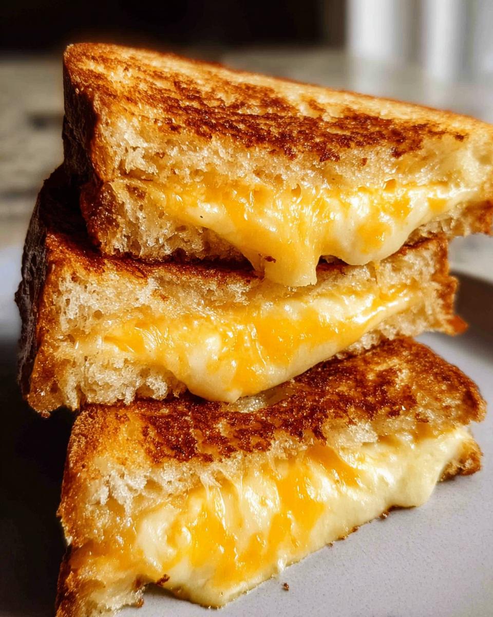 Close-up of stacked grilled cheese sandwiches with gooey melted cheese oozing out.