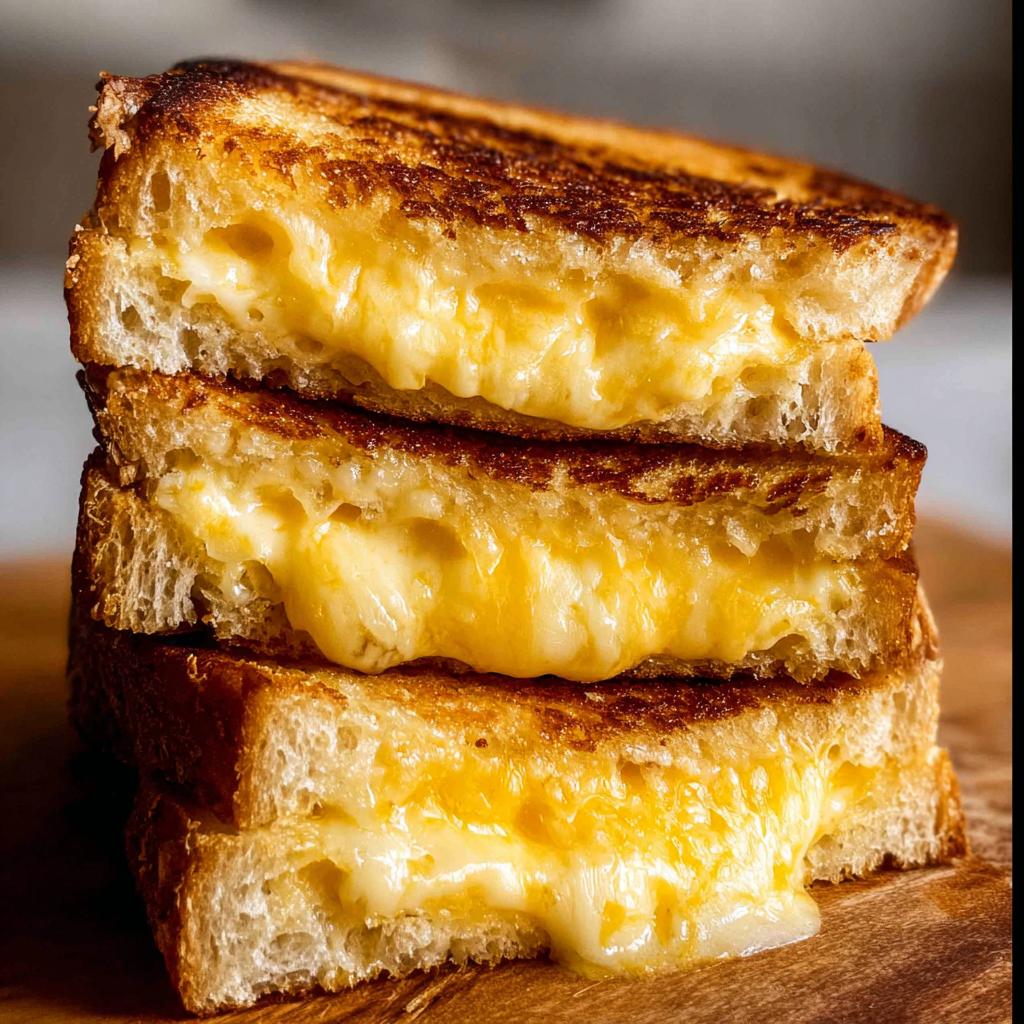 A stack of three perfectly grilled cheese sandwiches with gooey, melted cheese oozing out.