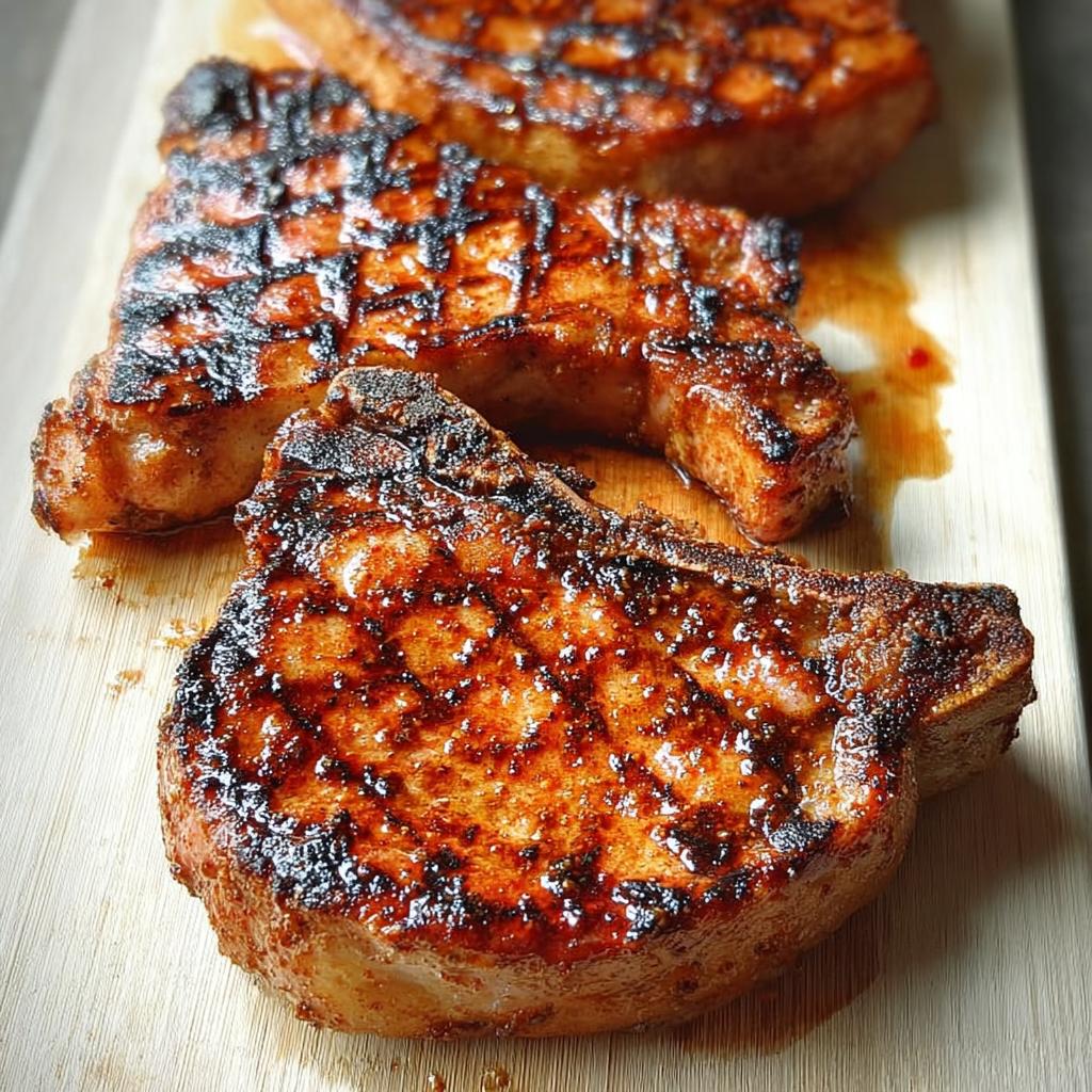 Close-up of three juicy, grilled pork chops with grill marks on a wooden cutting board.