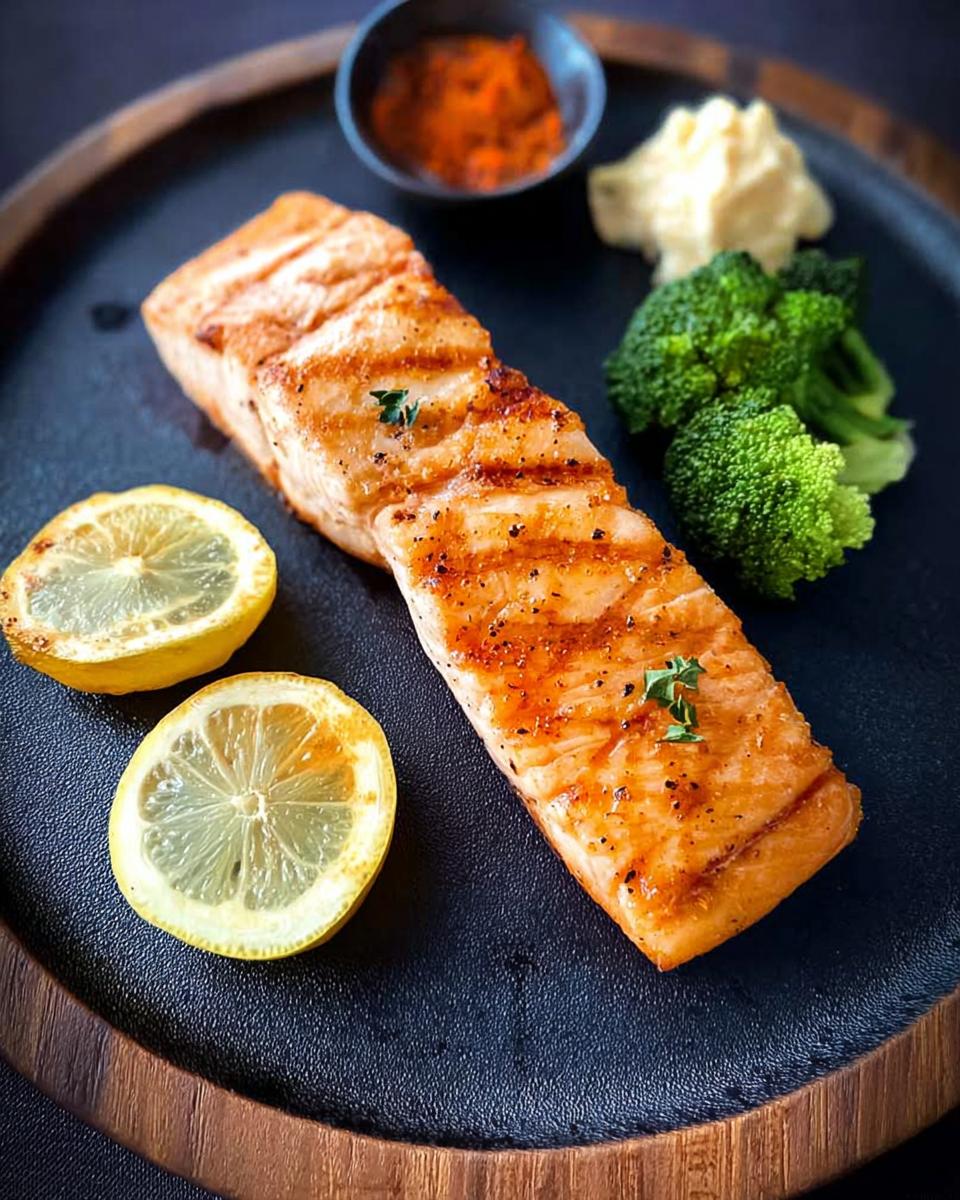 A perfectly grilled salmon fillet served with lemon slices, steamed broccoli, and a small dish of spices.