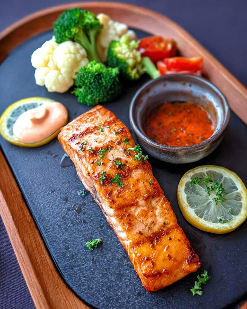A perfectly grilled salmon fillet served with steamed broccoli, cauliflower, cherry tomatoes, and a side of sauce. Part of 12-Ingredient Salmon Recipes.