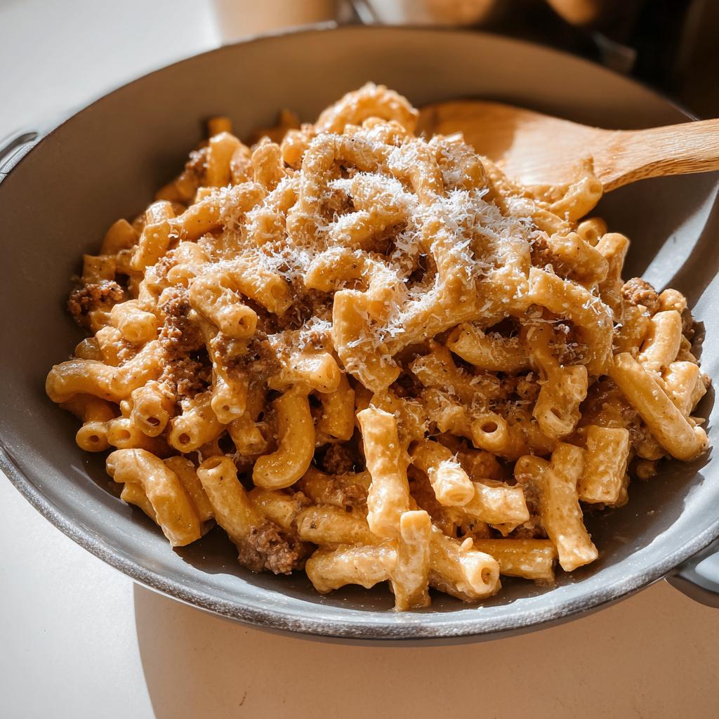 A bowl of creamy ground beef pasta, topped with grated cheese, perfect for busy weeknights.