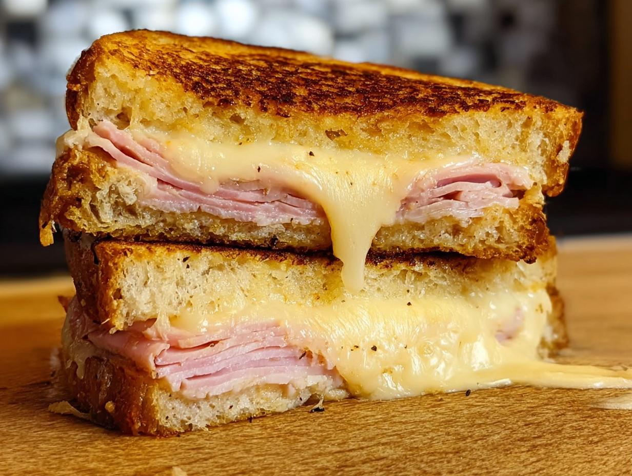 A delicious and gooey ham and cheese sandwich, perfect for sandwich ideas recipes.