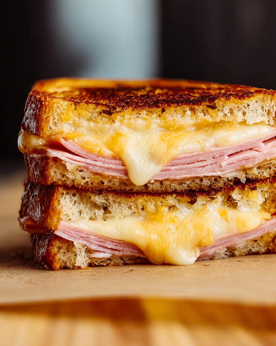 Close-up of a grilled ham and cheese sandwich with melted cheese oozing out, perfect for sandwich ideas recipes.