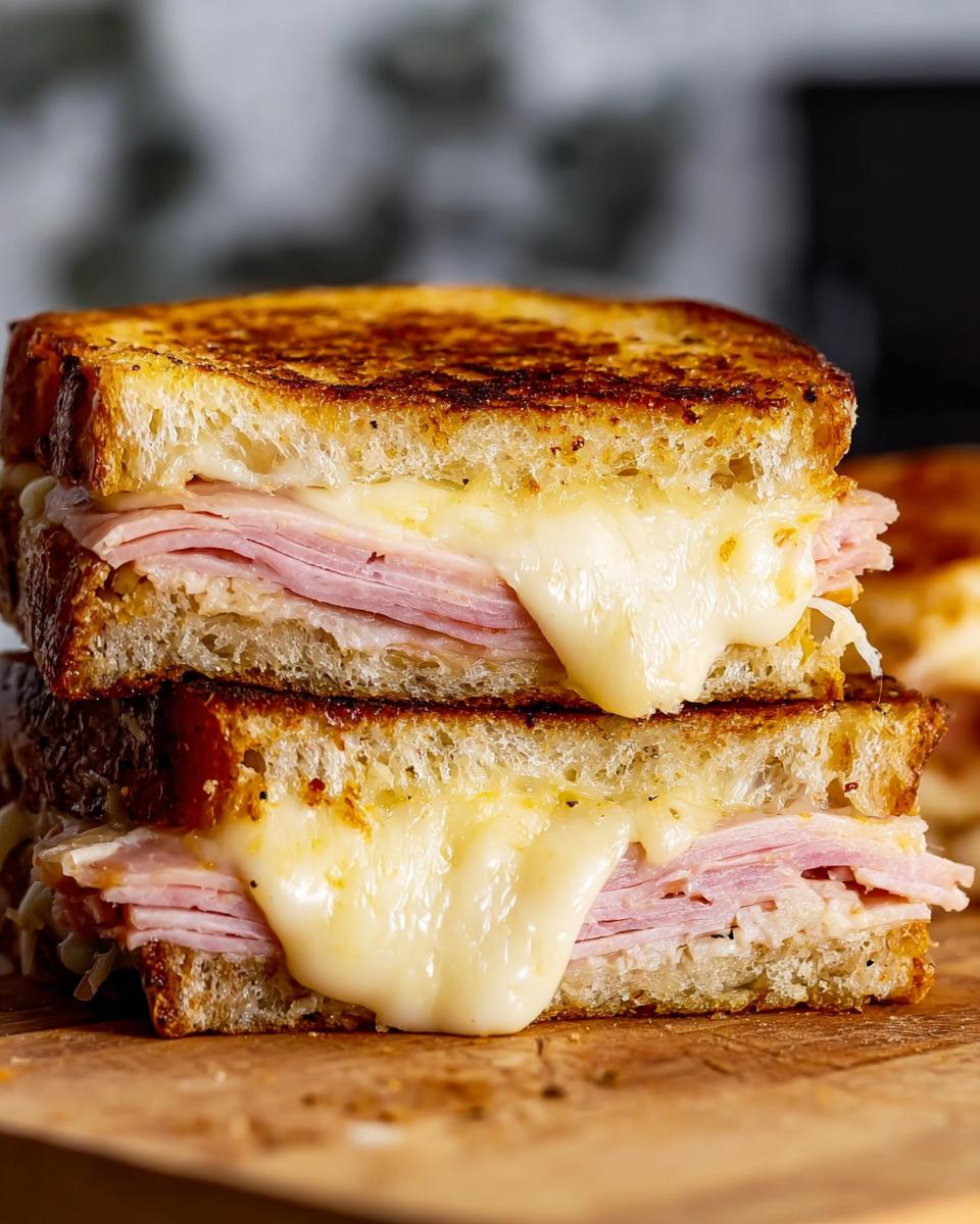 Close-up of a stacked ham and cheese sandwich with melted cheese oozing out, perfect for sandwich ideas recipes.
