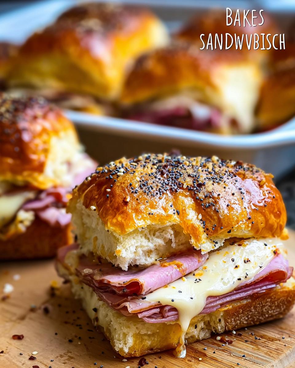 Close-up of a delicious ham and cheese sandwich recipe, with melted cheese and poppy seed bun.