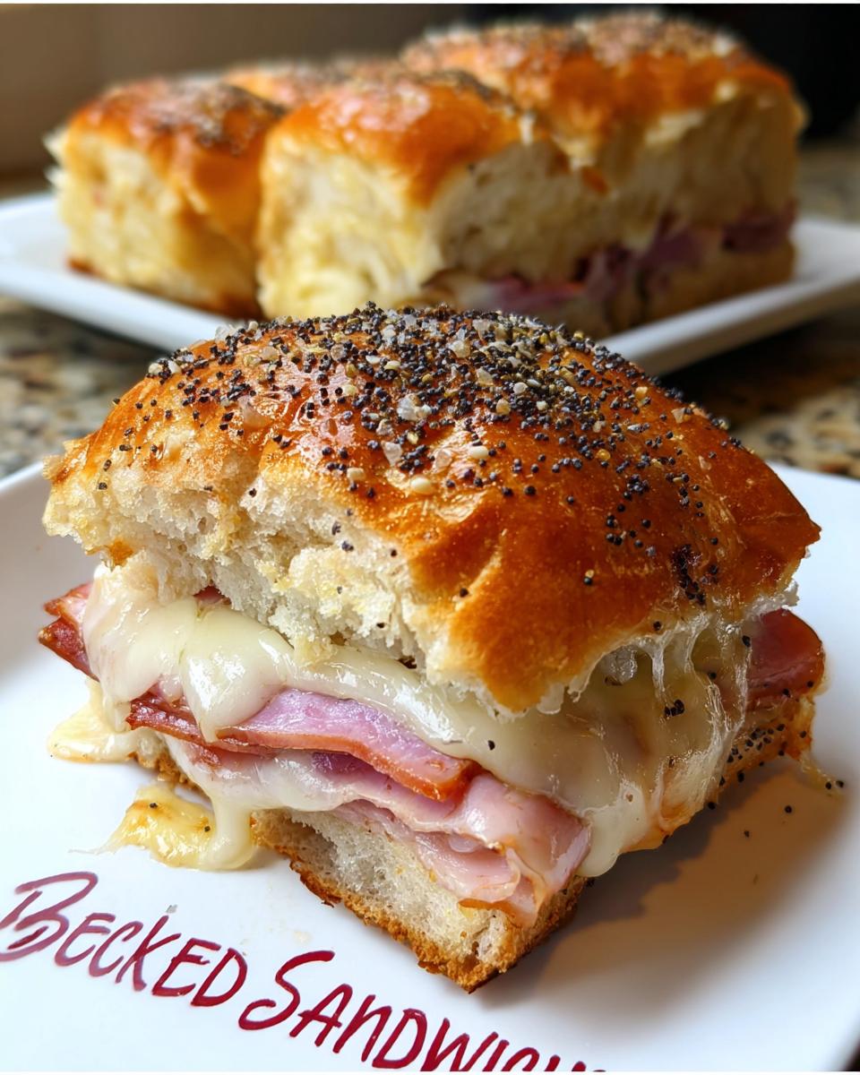 Close-up of a ham and cheese slider sandwich, a perfect example of delicious sandwich ideas.