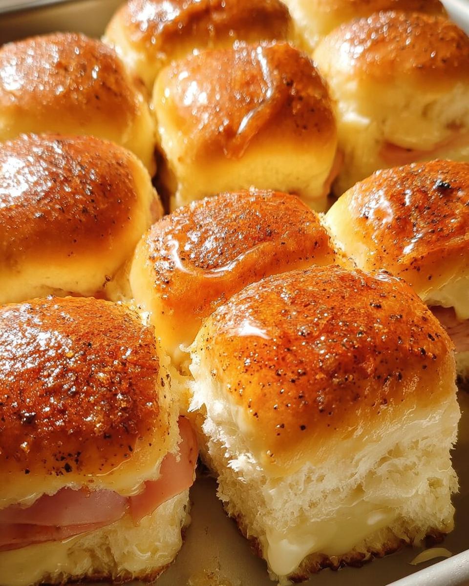 Close-up of golden-brown ham and cheese sliders with melted cheese oozing out.