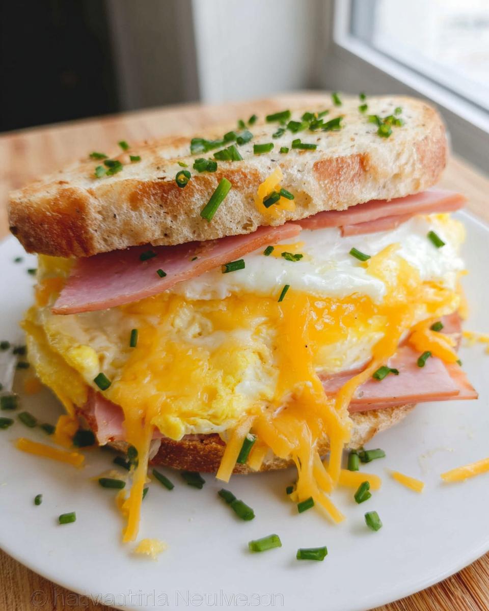 A close-up of a hearty breakfast sandwich with ham, fried egg, melted cheese, and chives on toast.