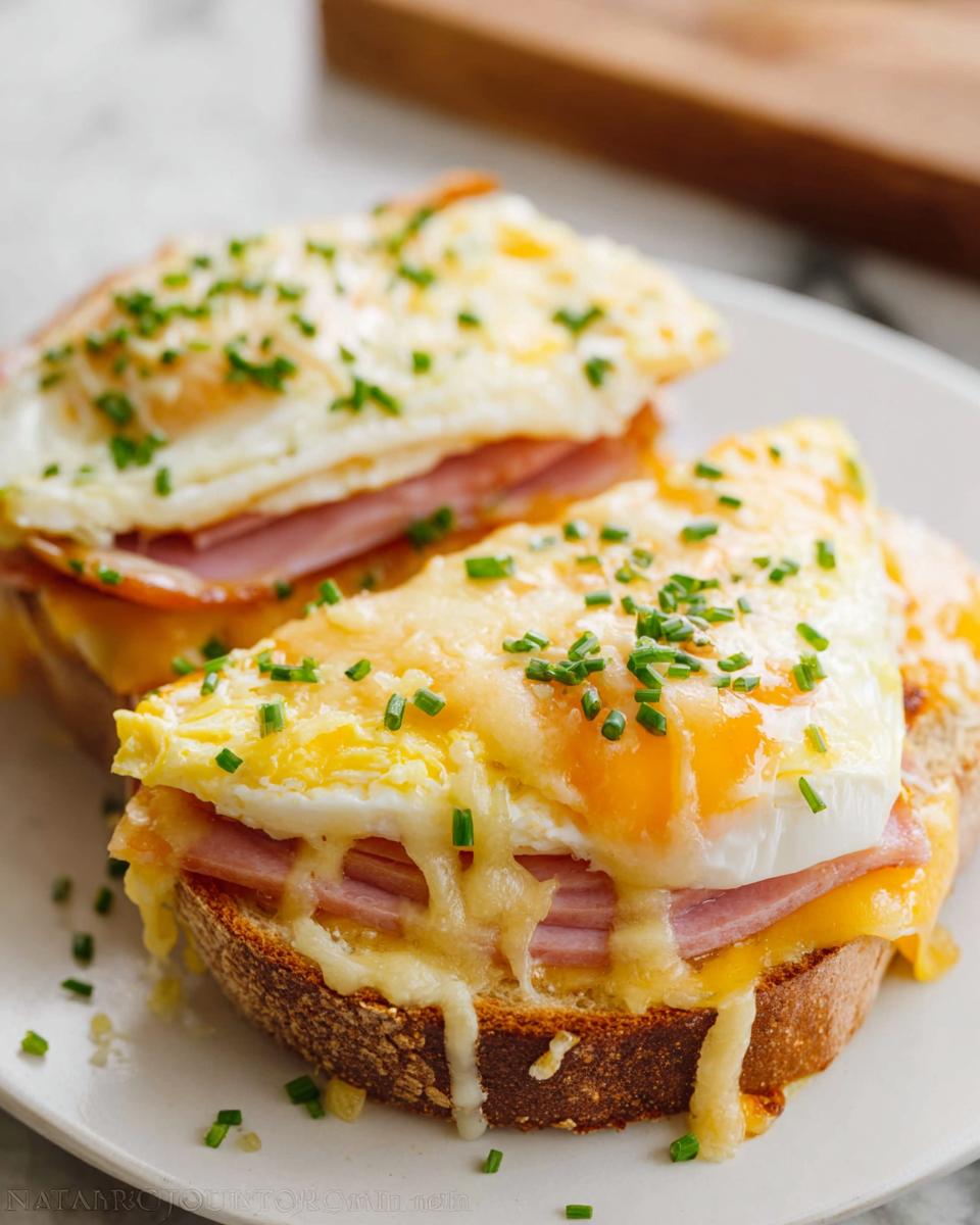 Close-up of a gourmet sandwich recipe with ham, melted cheese, and a fried egg, topped with chives.