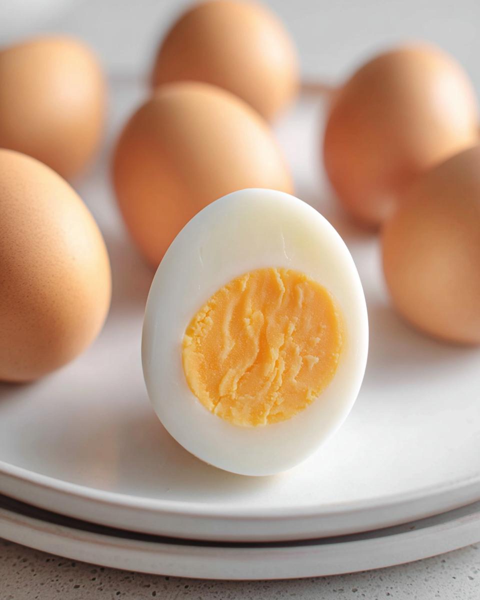 A perfectly cooked hard-boiled egg, halved, showcasing its vibrant yellow yolk, ideal for healthy meals recipes and meal prep.