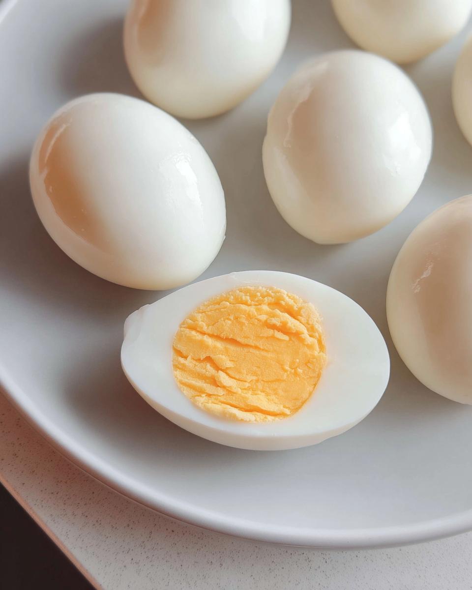 A plate of hard-boiled eggs, with one egg halved to show the bright yellow yolk, perfect for healthy meals recipes.