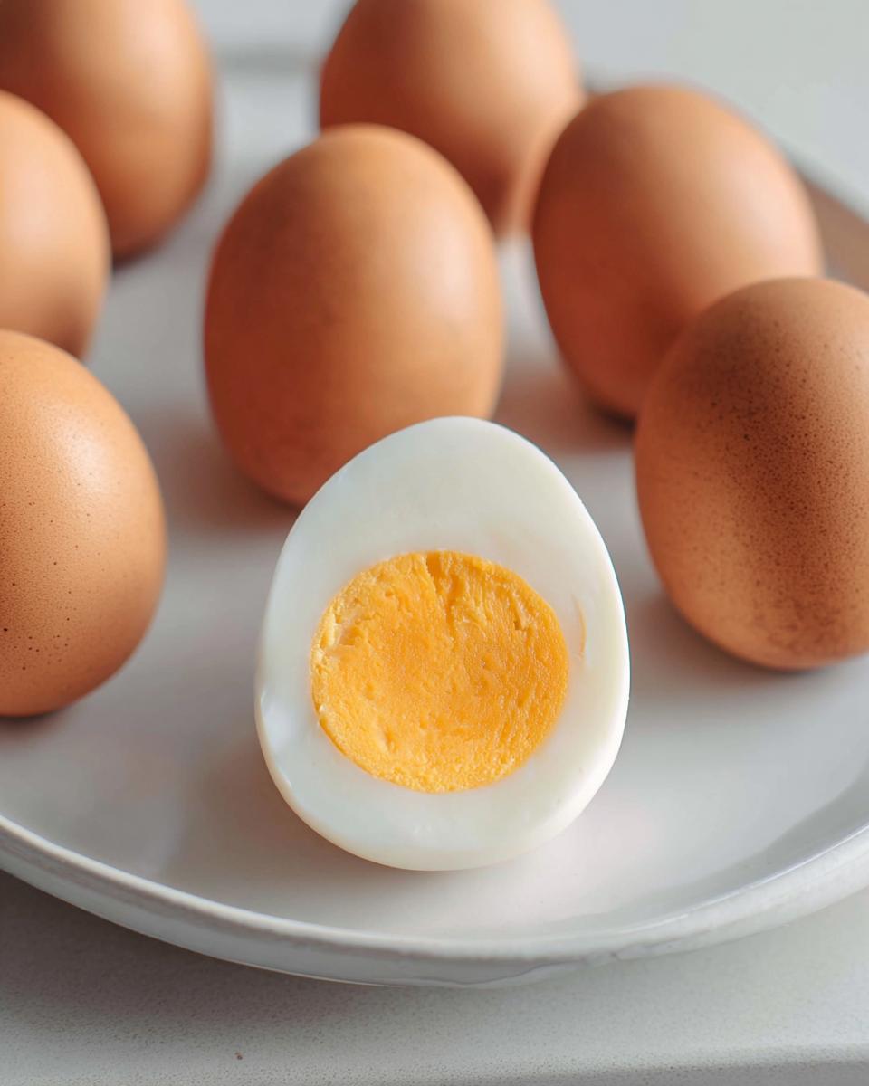 A plate with a halved hard-boiled egg showing a bright yellow yolk, surrounded by whole brown eggs. Perfect for healthy meals recipes.