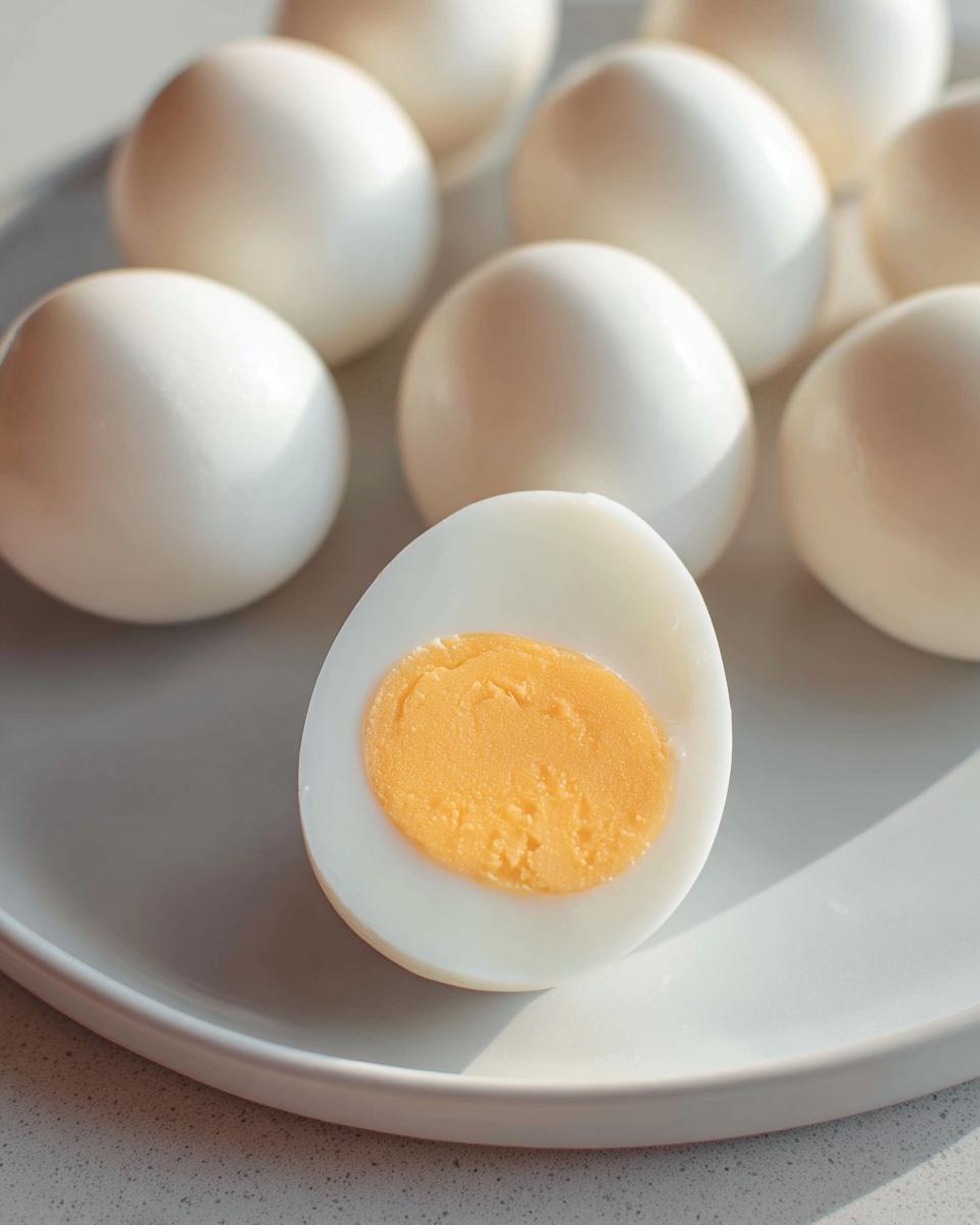 A plate of hard-boiled eggs, with one egg cut in half revealing a bright yellow yolk. Perfect for healthy meals recipes.