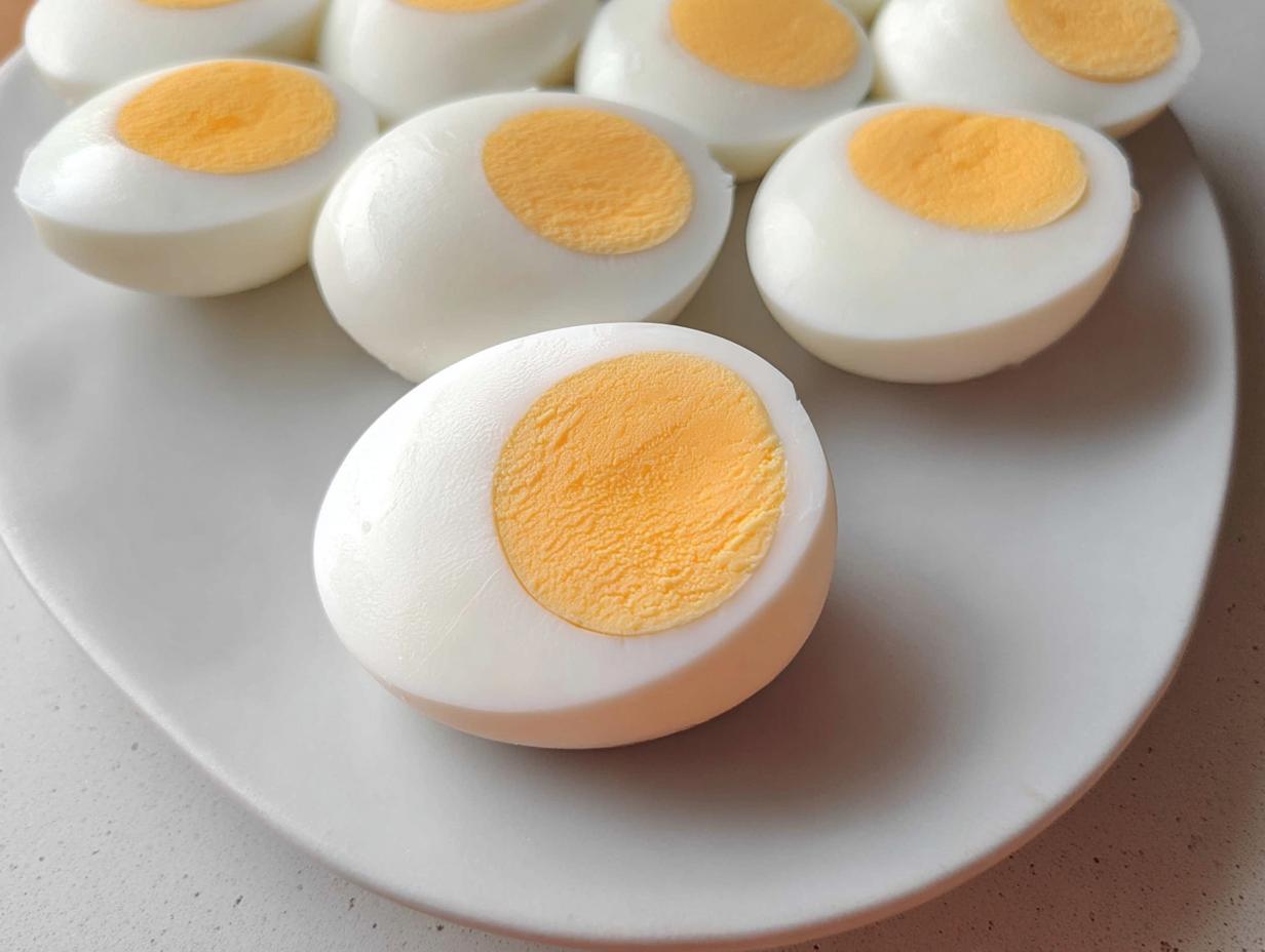 Close-up of perfectly cooked hard-boiled eggs, halved, showcasing bright yellow yolks, ideal for healthy meals recipes meal prep.