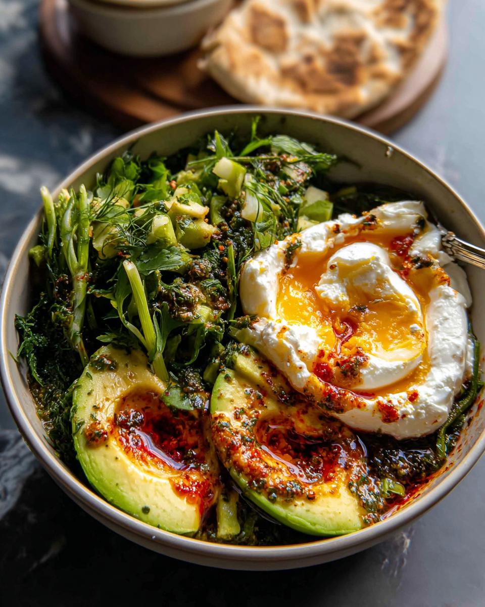 A healthy meal recipe featuring avocado slices, a poached egg, and fresh greens, drizzled with a savory sauce.