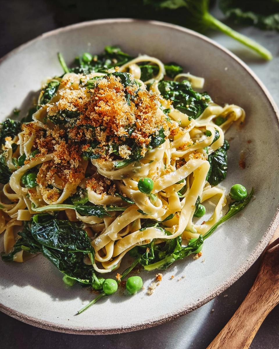 A close-up of a healthy pasta dish with fettuccine, wilted greens, peas, and toasted breadcrumbs.