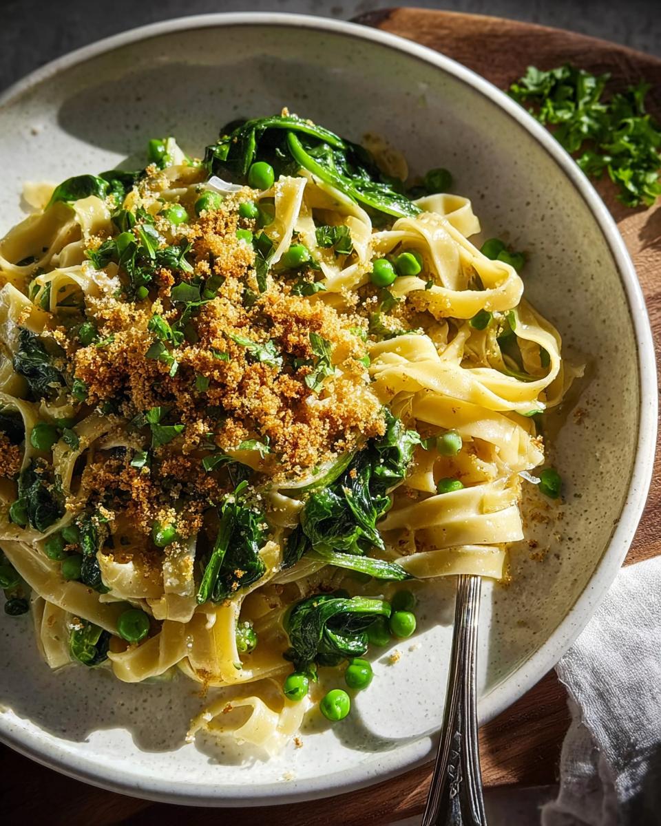 Close-up of a bowl of fettuccine pasta with peas, spinach, and toasted breadcrumbs, a quick and healthy meal.