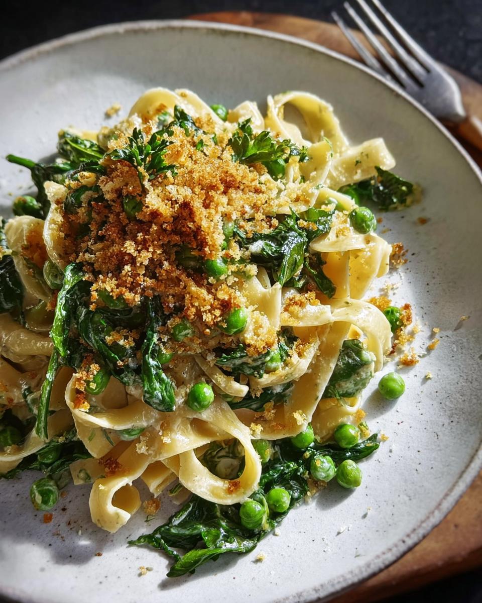 A close-up of healthy pasta with peas, spinach, and toasted breadcrumbs, perfect for quick weeknight meals.