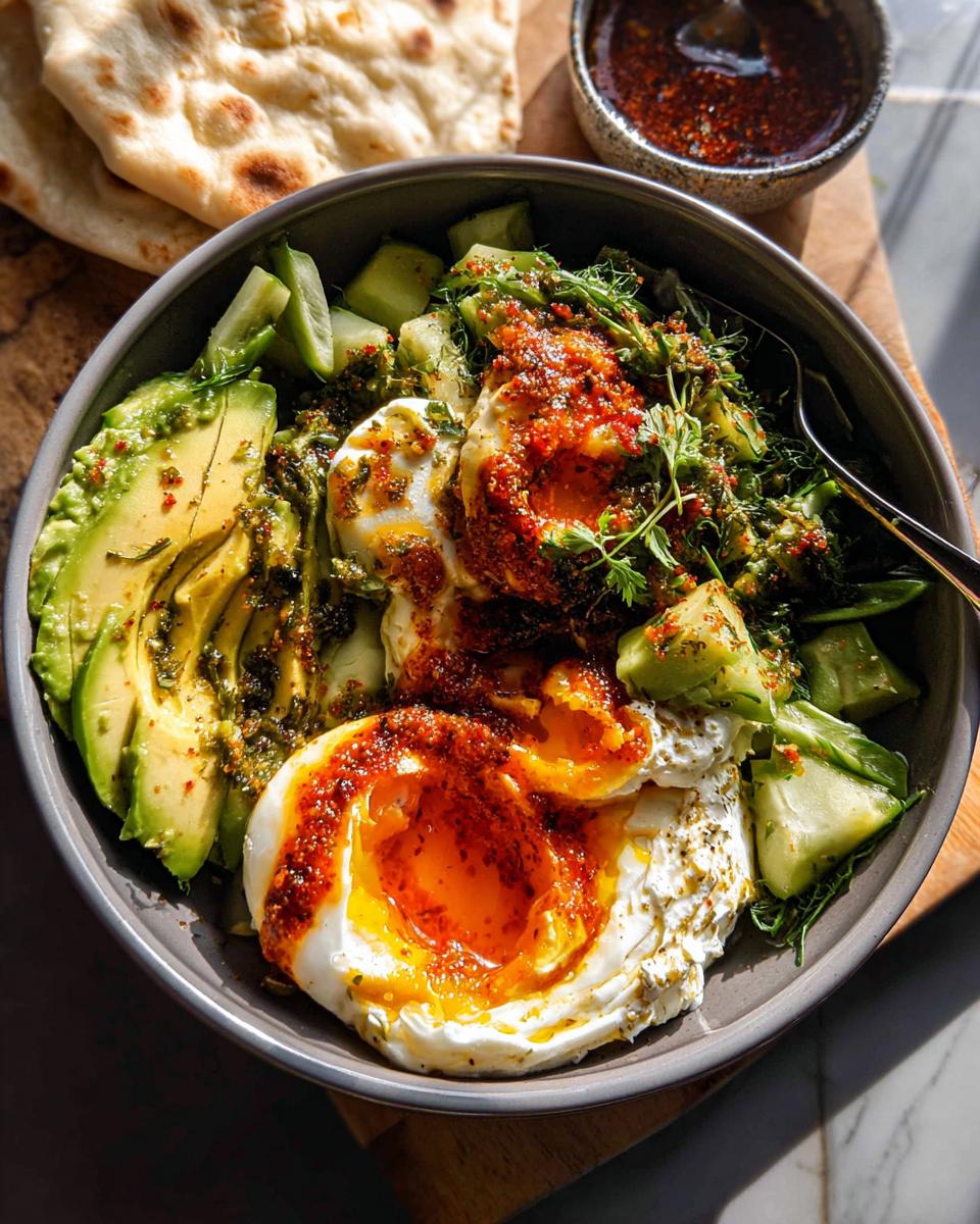 A healthy meals recipe bowl with sliced avocado, poached eggs with chili oil, chopped cucumbers, and herbs, served with flatbread.
