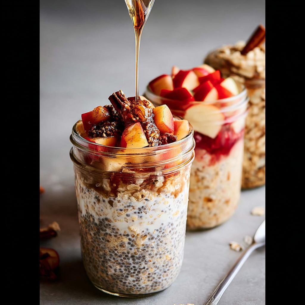 Overnight oats with chia seeds, apples, cinnamon, and a drizzle of honey in a mason jar. A healthy meals recipe.
