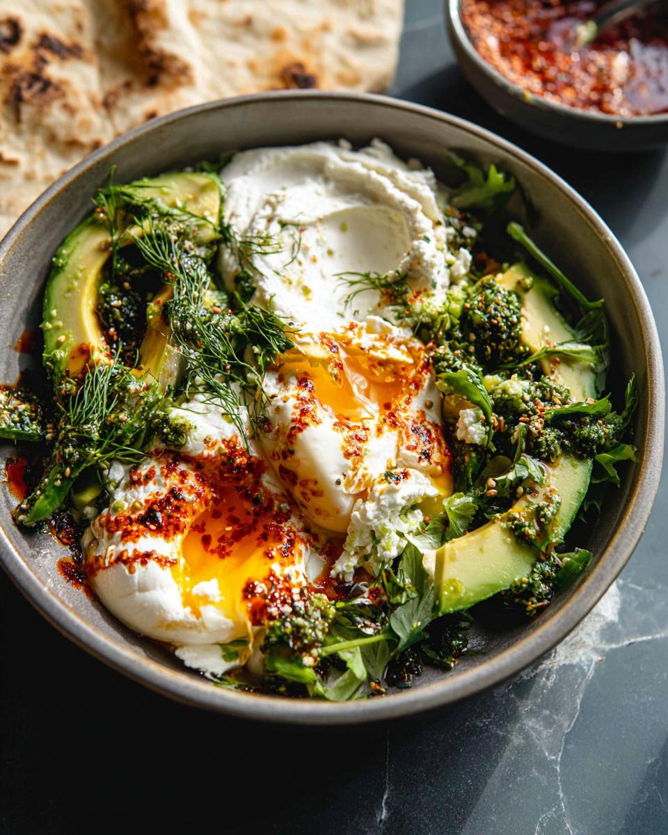 A healthy meal recipe featuring poached eggs, creamy yogurt, sliced avocado, fresh herbs, and chili flakes.