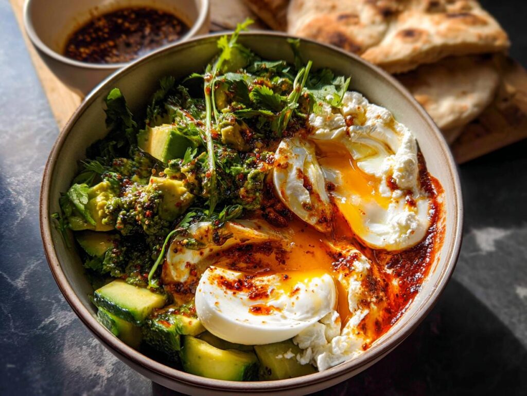 A healthy meal recipe featuring poached eggs, avocado, feta cheese, and herbs, drizzled with a spicy sauce.