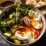 A healthy meal recipe featuring poached eggs, avocado, feta cheese, and herbs, drizzled with a spicy sauce.