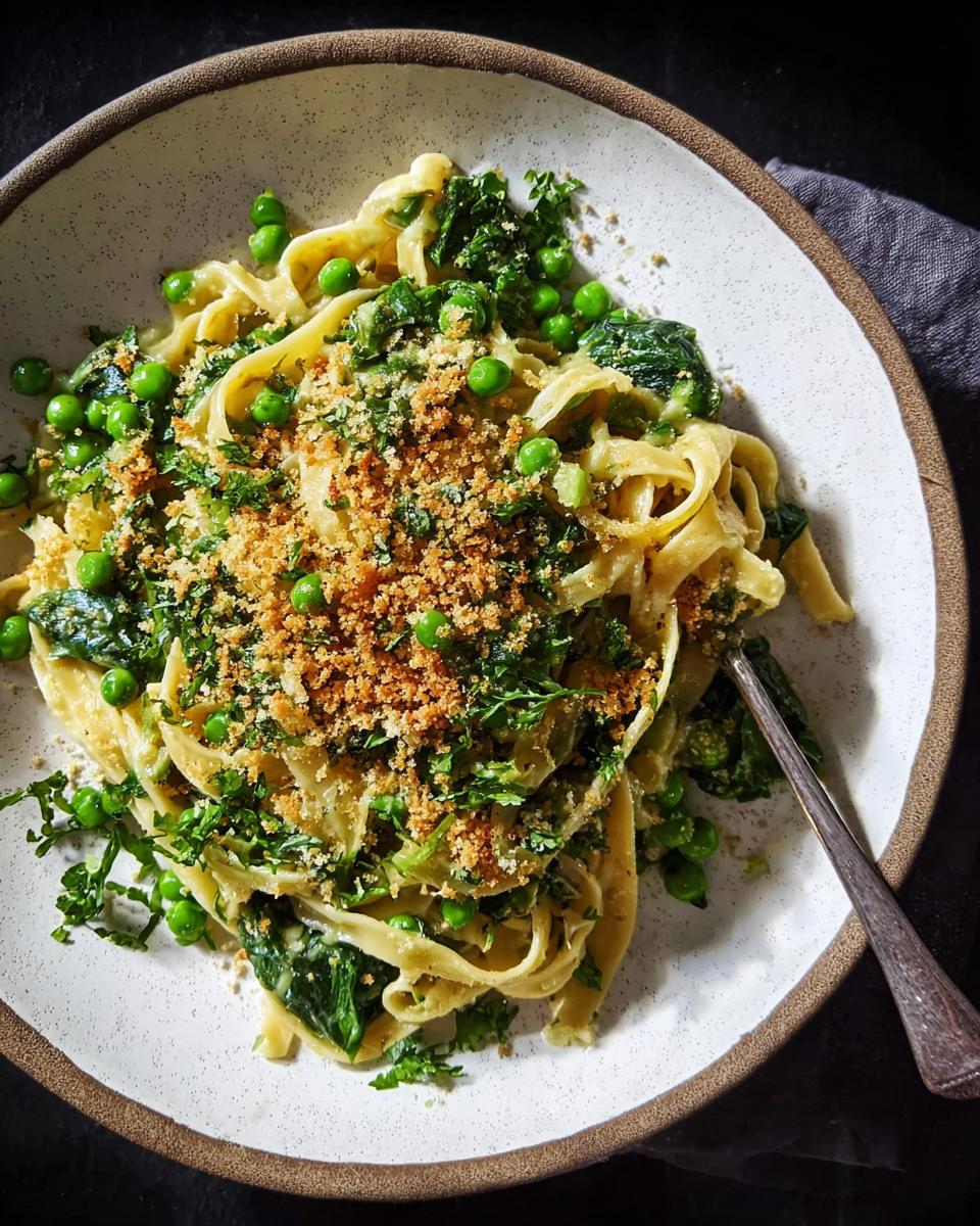 A close-up overhead view of a bowl of fettuccine pasta with peas, kale, and breadcrumbs, representing healthy meals recipes in 20 minutes.