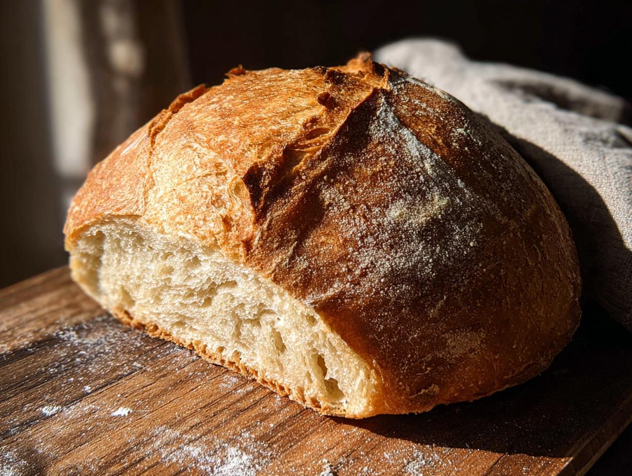 A rustic loaf of freshly baked bread, sliced in half, showcasing its airy crumb and golden crust. Perfect for healthy meals recipes.