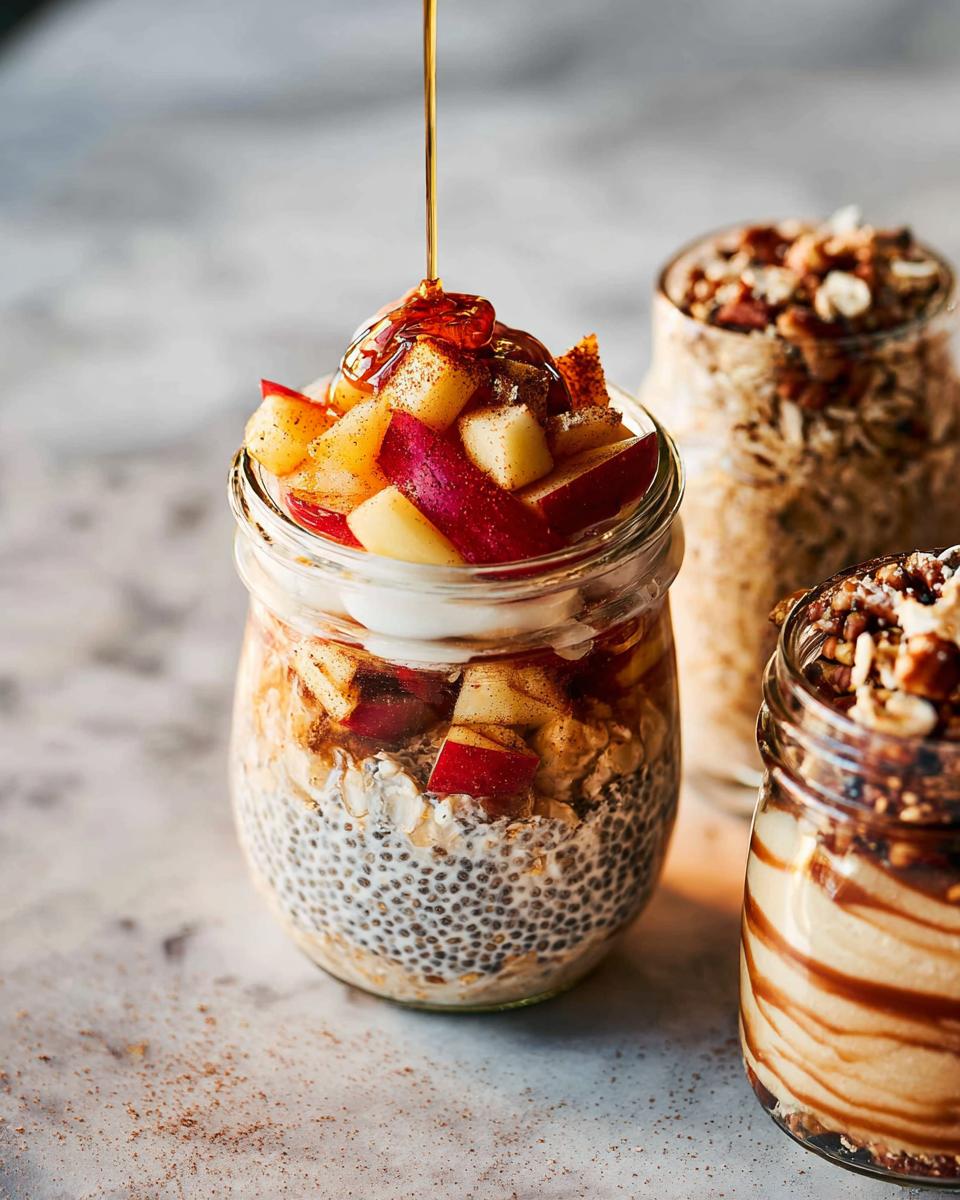 Overnight oats with chia seeds, apples, and a drizzle of syrup, part of healthy meals recipes.