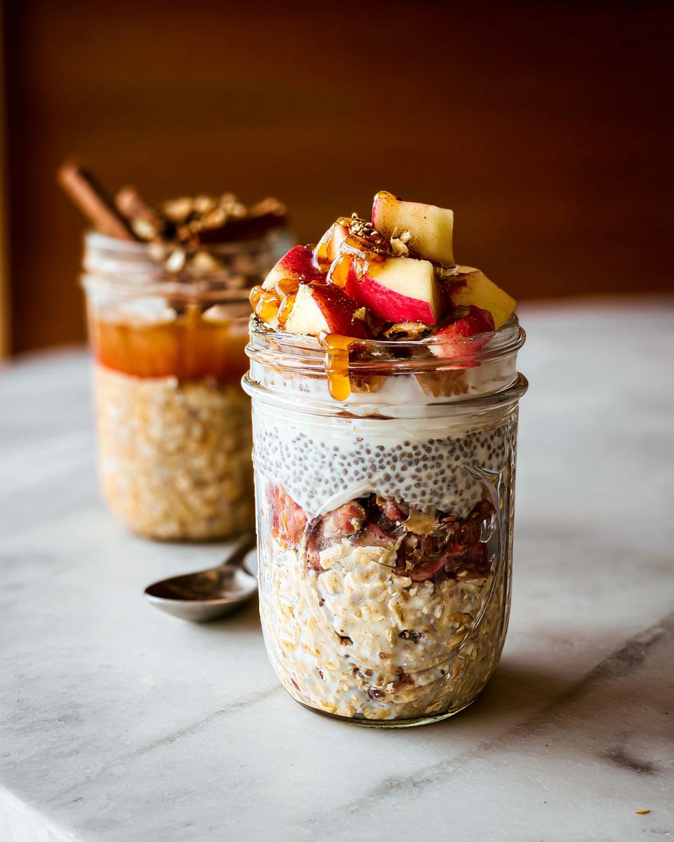 Overnight oats in a jar, layered with chia seeds, fruit, and topped with fresh apples and syrup. A healthy meals recipe.