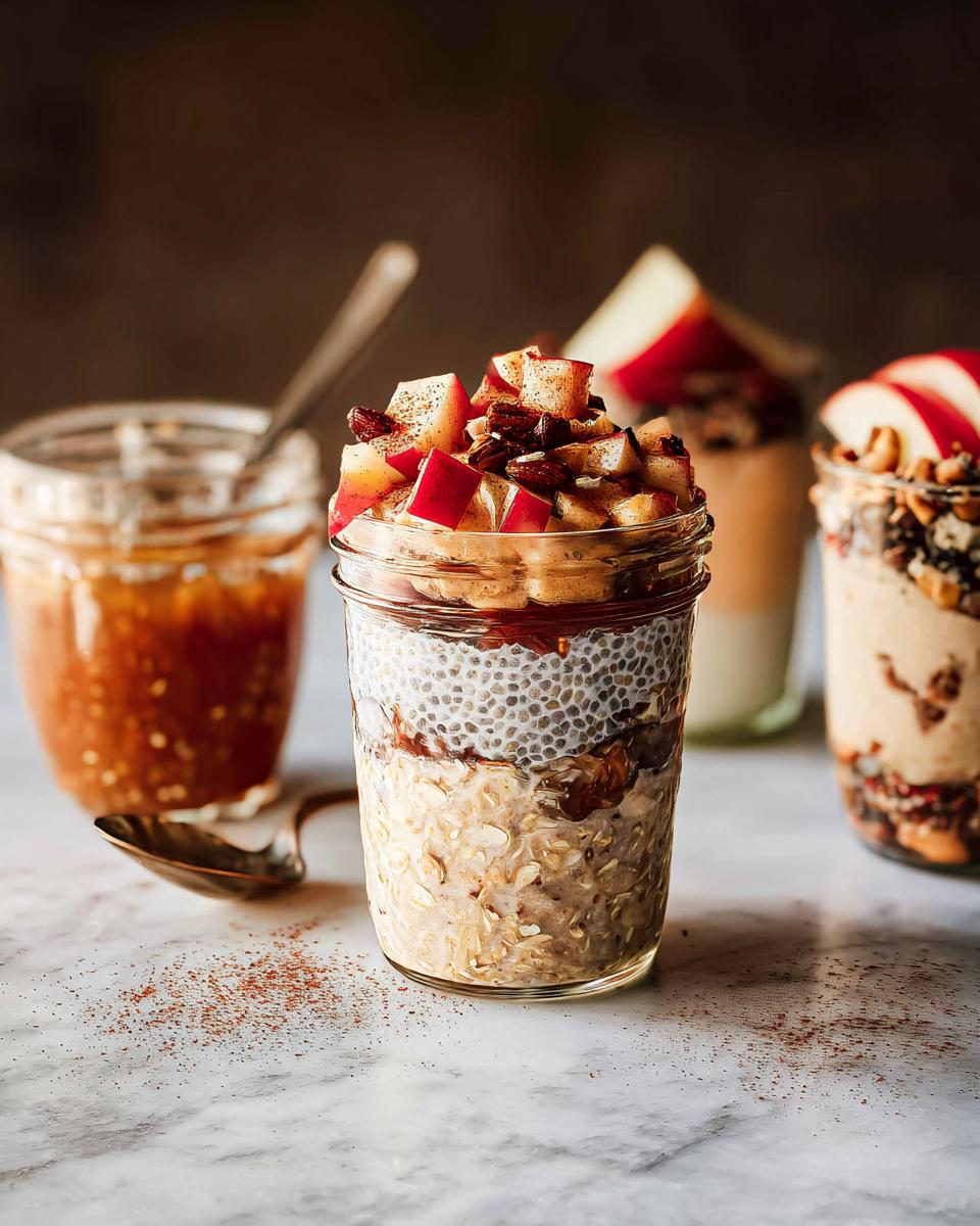 Overnight oats in a mason jar, layered with chia seeds, peanut butter, and topped with diced apples and nuts. Part of healthy meals recipes.
