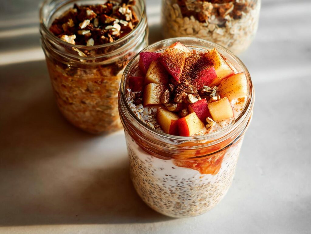 Overnight oats in mason jars topped with diced apples, cinnamon, and nuts. A perfect example of healthy meals recipes.