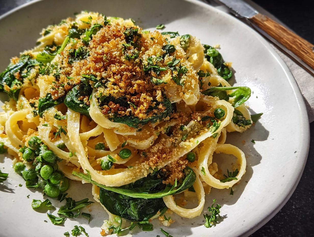 A close-up of a healthy pasta dish with peas, spinach, and breadcrumbs, perfect for quick weeknight meals.
