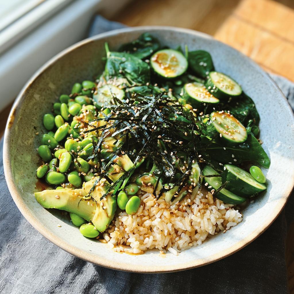 A vibrant and healthy rice bowl featuring brown rice, avocado, edamame, cucumber, and seaweed, perfect for The Ultimate Rice Bowls Recipes Guide.