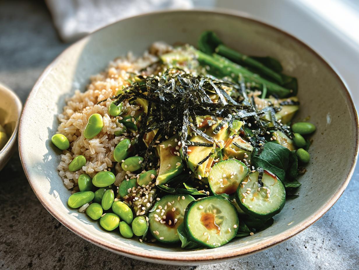 A vibrant rice bowl featuring brown rice, sliced avocado, edamame, cucumber, nori, and sesame seeds.