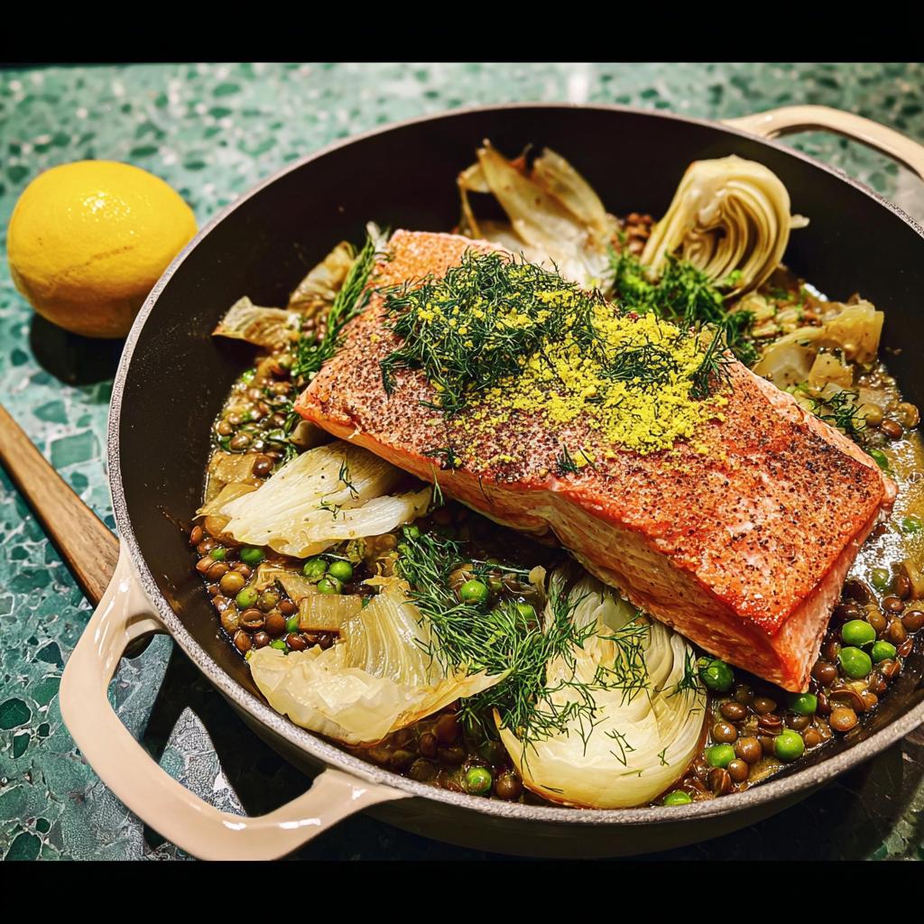 A beautiful pan of healthy salmon with lentils, peas, fennel, and dill, perfect for beginner healthy meals recipes.