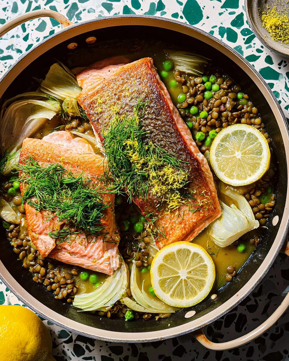 Healthy salmon fillets served over lentils with peas, fennel, and lemon slices, a perfect beginner recipe.
